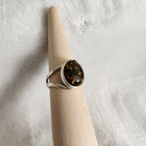 Sterling Silver and Green Amber Ring. Worn Once. Size 5 Adjustable